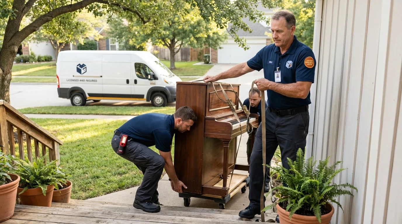 Licensed piano movers securing grand piano in Thedford, NE