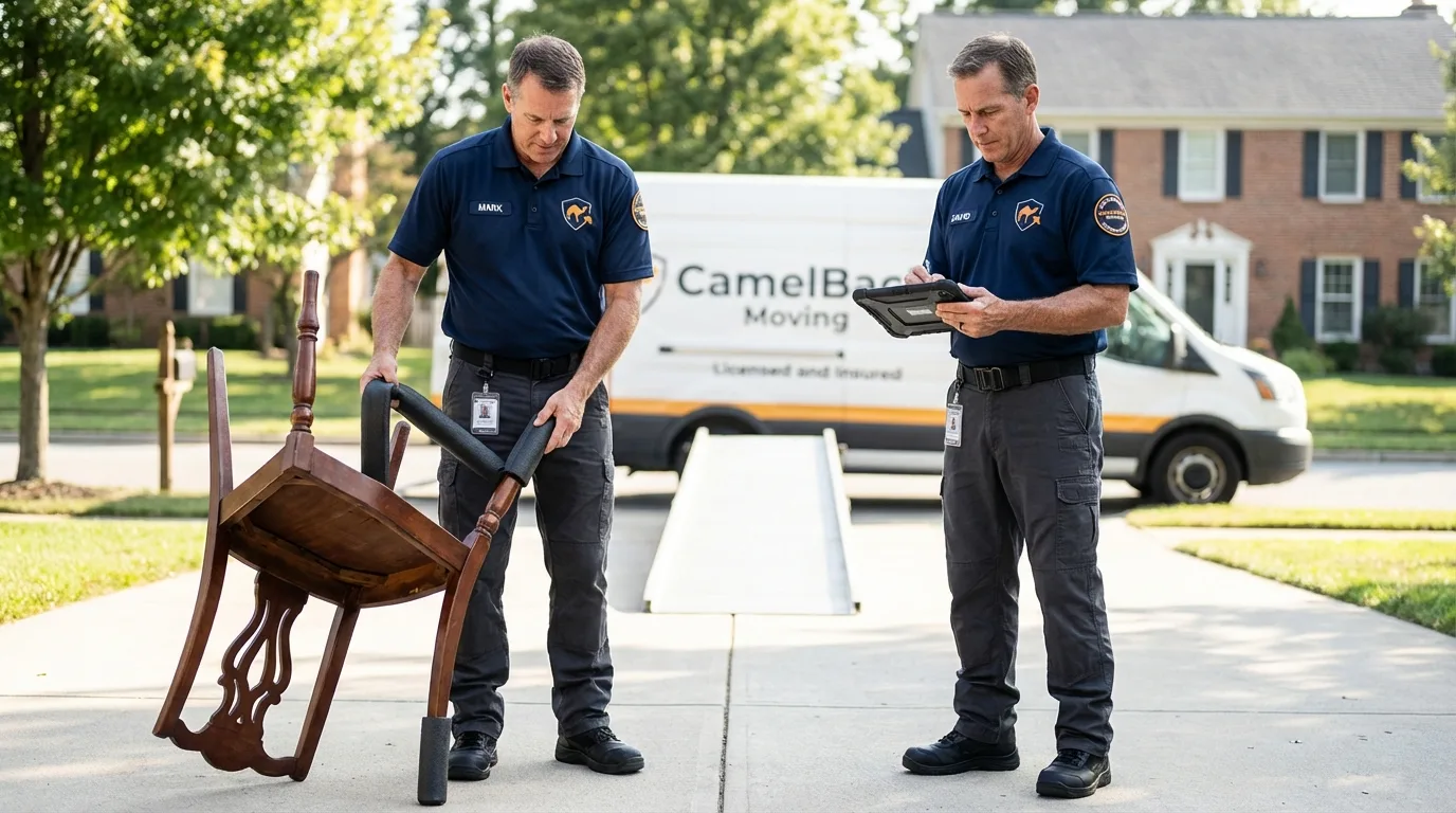 Movers inspecting furniture for damage prevention before loading in Thedford, NE