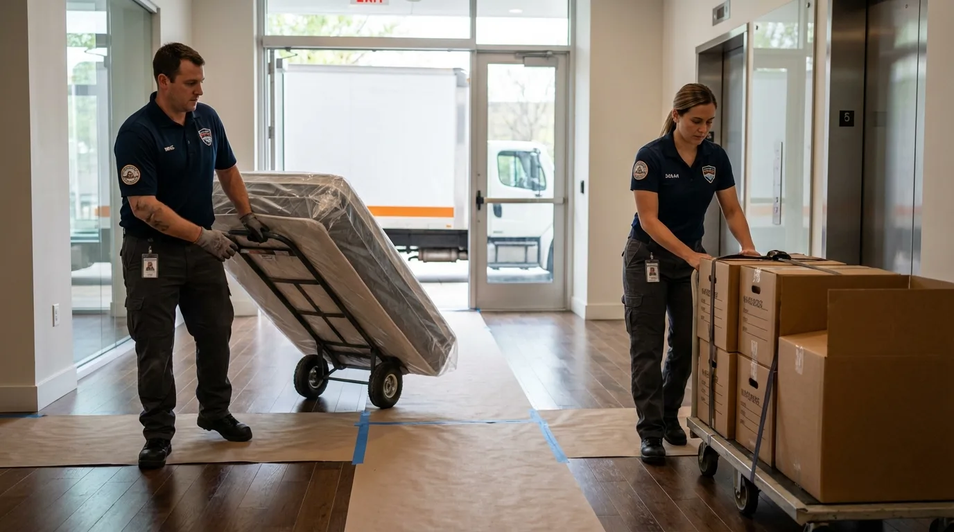 Professional apartment movers loading elevator in Thedford, NE