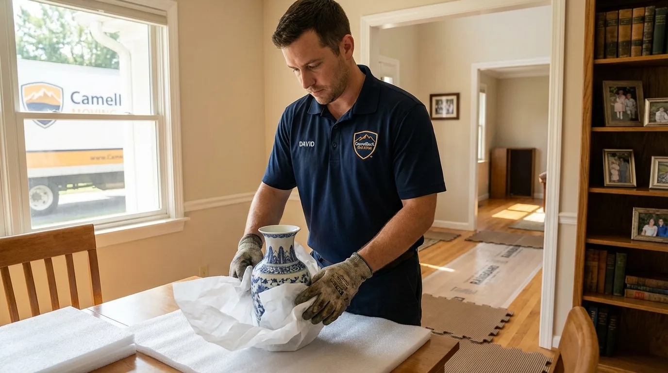 Professional crew carefully wrapping antique vase for senior downsizing move in Thedford, NE